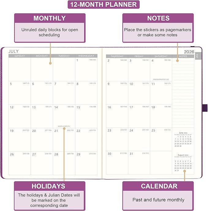 Planner 2026-2027- JUL 2026 - JUN 2027, Planner 2026-2027, Weekly and Monthly planner, 8.5" x 11", Leather Cover Planners with Thick Paper, Back Pocket with Notes Pages, Purple