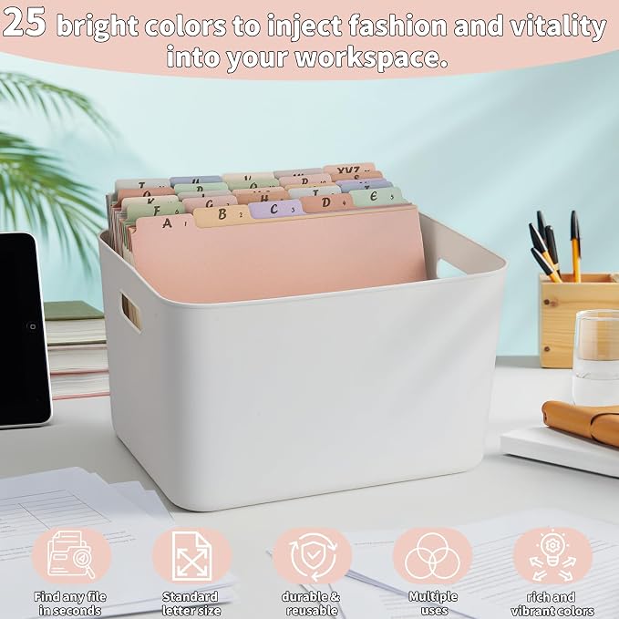 1 Set 25 Pcs Alphabetical File Organizer 12 Colors A-Z Top Tab Alphabet File Cabinet Dividers Letter-Size 1/5 Cut Tab File Folder Guide 500 GSM Heavyweight Manila Cardboard for Office Home School Desk