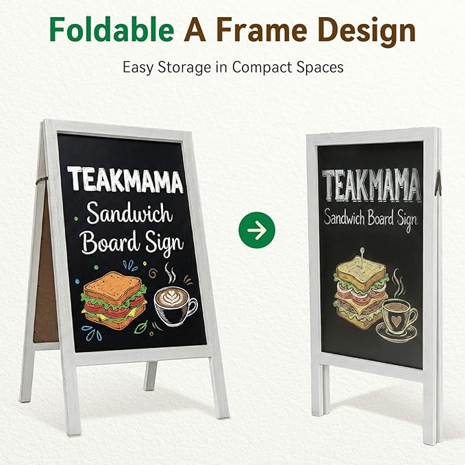 TEAKMAMA Extra Large Wooden 40x22 Chalkboard, Double-Sided Sidewalk A Frame Chalkboard Sign, Sturdy Sandwich Board for Restaurant, Business or Wedding,White
