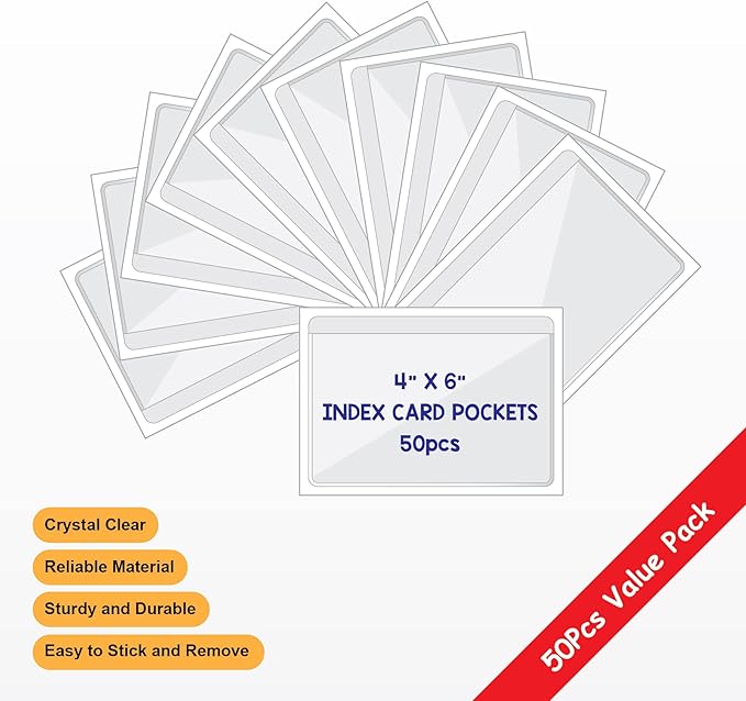 IMAGAME Clear Adhesive 4" x 6" Index Card Pockets with Top Open for Loading, 50 Pack, Plastic Labels Holders for Storage Bins and Library Card, Organizing and Protecting Your Index Cards or Photos