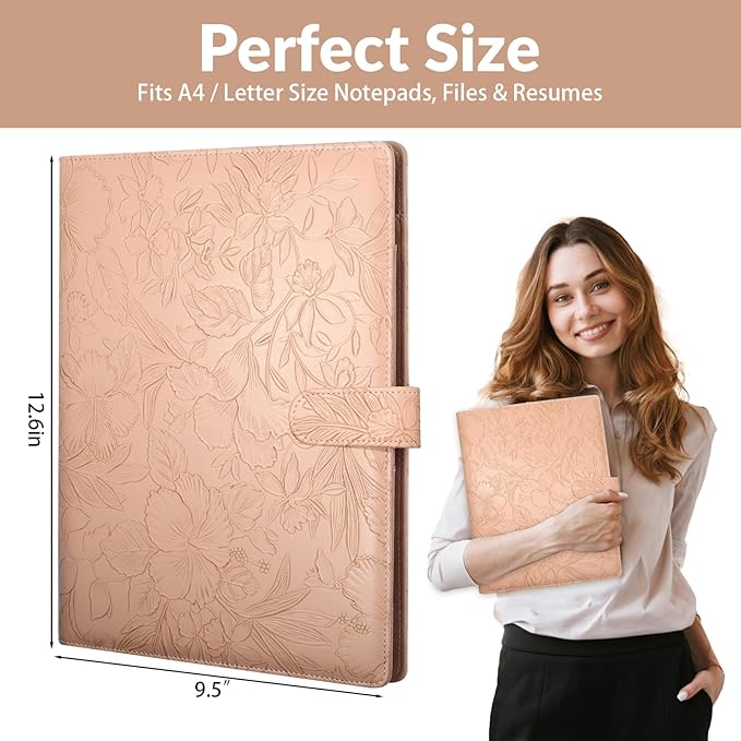 Professional Padfolio Portfolio Binder, Textured Embossing Faux Leather Folder Organizer for Letter Size Legal Pad Notepad Resume, Card Holder for Women Men Business Office Conference (Beige)
