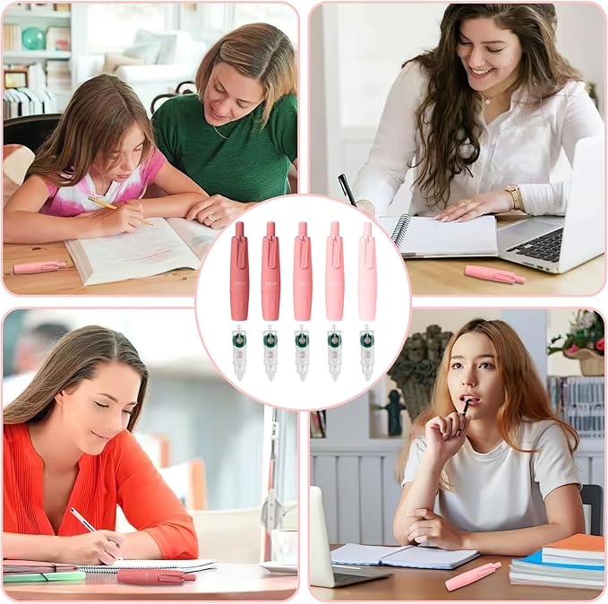 5 Pcs Retractable Pink Correction Tape,Refillable Press Type Correction Tape Pen,Pink Corrector Tapes With 5 Extra Refills Corrections Tapes Pen,for Men and Women Office Supplies Correctors Tapes
