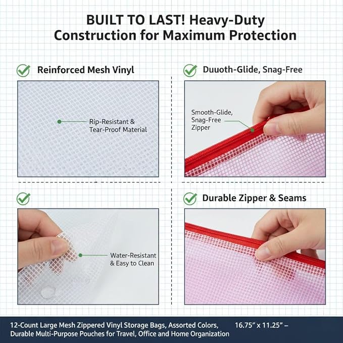 Fun Express 16 3/4" x 11 1/4" Large Mesh Zippered Vinyl Storage Bags - 12 Pieces