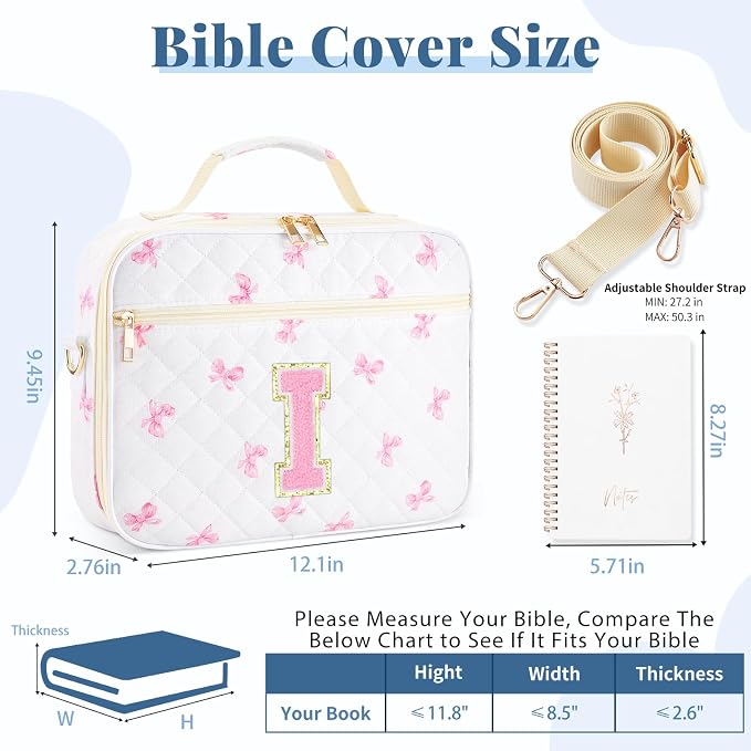 Personalized Initial Bible Cover Case for Women, Large Quilted Bible Bag with Durable Handle, Stylish Church Bag Journaling Kit with Study Supplies Accessories, Christians Gifts for Women (Pink-I)