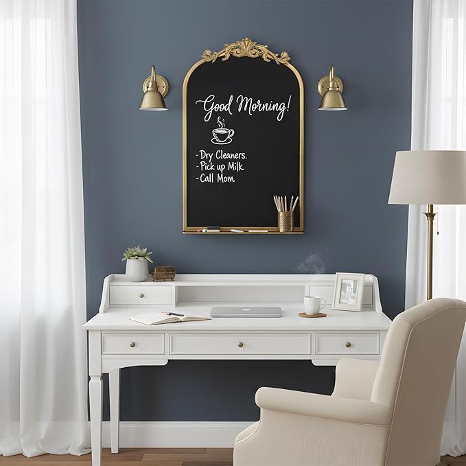 Vintage Magnetic Arch Chalkboard with Shelf - 19"x31" Decorative Wall Mounted Ornate Gold Framed Blackboard with Chalk, Clips & Cloth - Elegant Wedding Sign & Kitchen Menu Home Decor