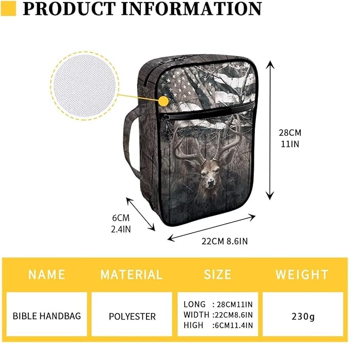 Suobstales Deer Print Bible Cover Bible Case for Women Men American Flag Design Lightweight Carrying Book Cover Church Bag Bible Protective Bag with Handle and Zippered Pocket