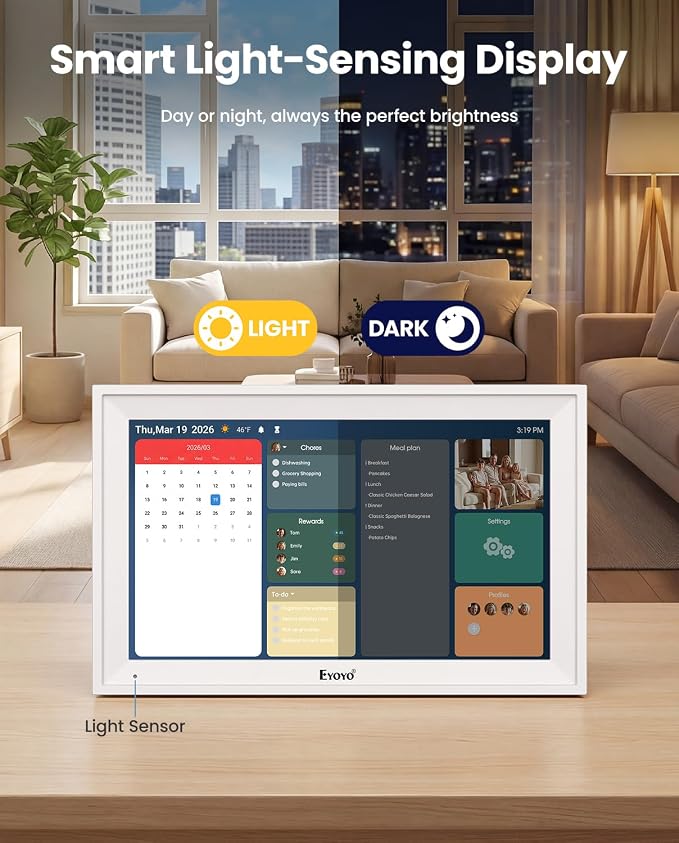 15.6" Digital Calendar Wall Planner - Eyoyo Smart Family Command Center & Chore Chart Touchscreen, WiFi Real-Time Sync Auto-Dimming Display for Kids Routine, Seniors Memory & Office Organization