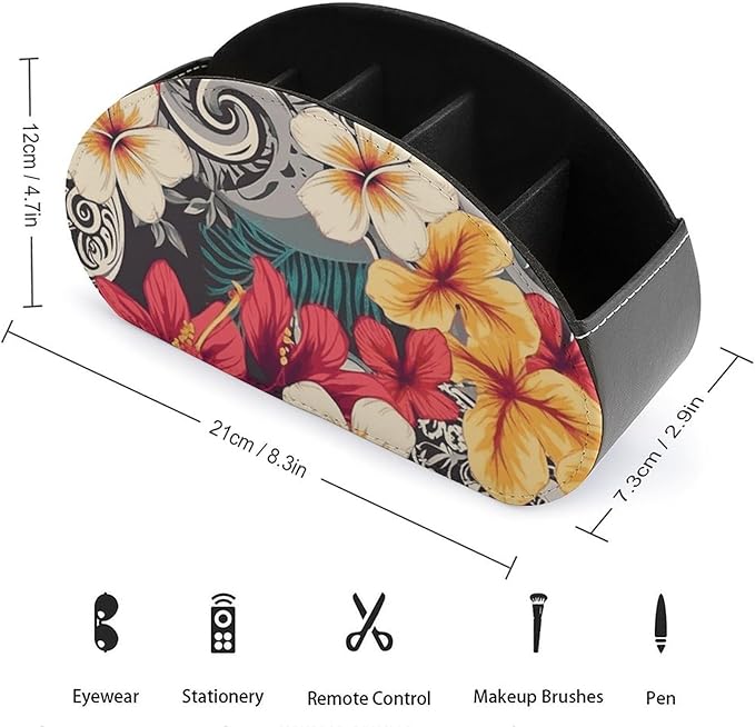 Colorful Hawaiian Pattern Remote Control Holder with 5 Compartment Organizer Box, Leather TV Remote Holder Organizer Caddy for Table, PU Leather Remote Box for Nightstand Office Desk Storage Box