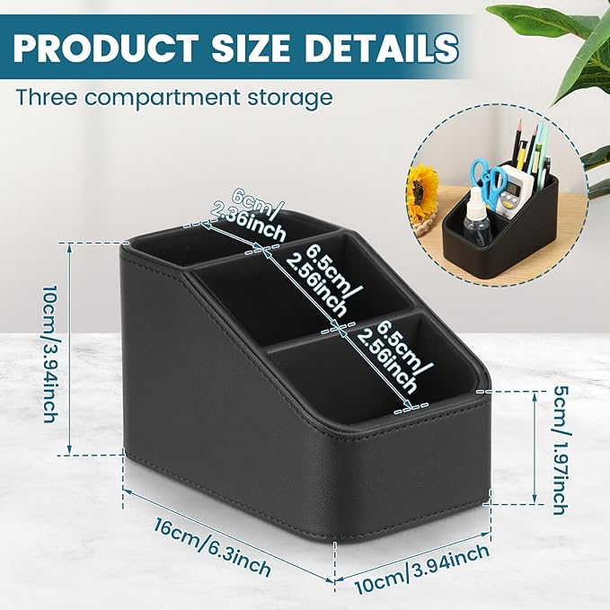 PU Remote Control Holder, Remote Caddy Box with 3 Compartments for Nightstand Bedside Table Couch Desk, Small Storage Organizer for Glasses,Pens,Cosmetics,Office Supply