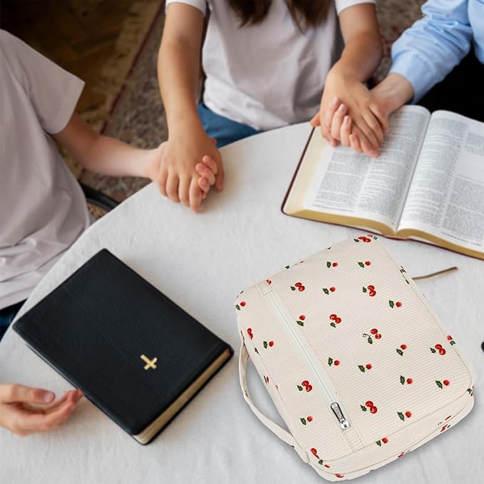 JIANYA Bible Cover for Women Girls Bible Case, Cherry Bible Cover Case for Women Girls Bible Carrying Case with Handle, Corduroy