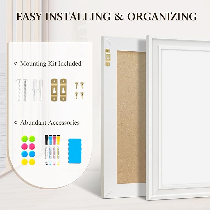 4 THOUGHT Dry Erase Board, 36 x 24 in Magnetic Whiteboard Wood Frame Wall-Mounted White Board Decorative Planner Notice Board for School, Office, Home, 8 Magnets 4 Markers 1 Eraser, White