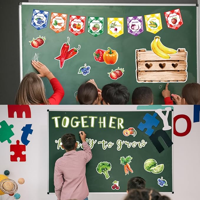 Fuutreo 75 Pcs Farmers Market School Classroom Bulletin Board Decoration Set Fruit Vegetable Classroom Bulletin Board Paper Growth Cutout Accent for Wall Chalkboard Decor