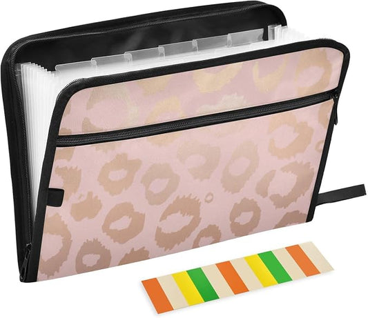 Metallic Rose Gold Animal Print Pattern Expanding File Folder with Sticky Labels, 13 Pockets Accordion File Folder Document Organizer Expandable Zip File Folder with Zipper Closure