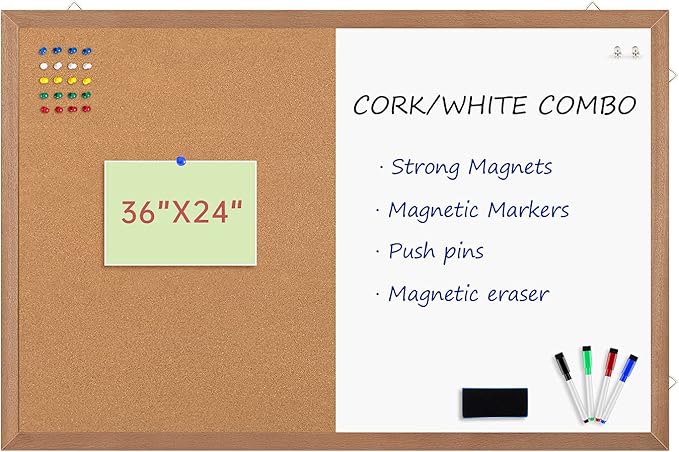 Combination Magnetic Whiteboard Cork Bulletin Board, 36x24 Inches Combo Dry Erase White Board Cork Pin Board for Wall with Natural Wood Frame…