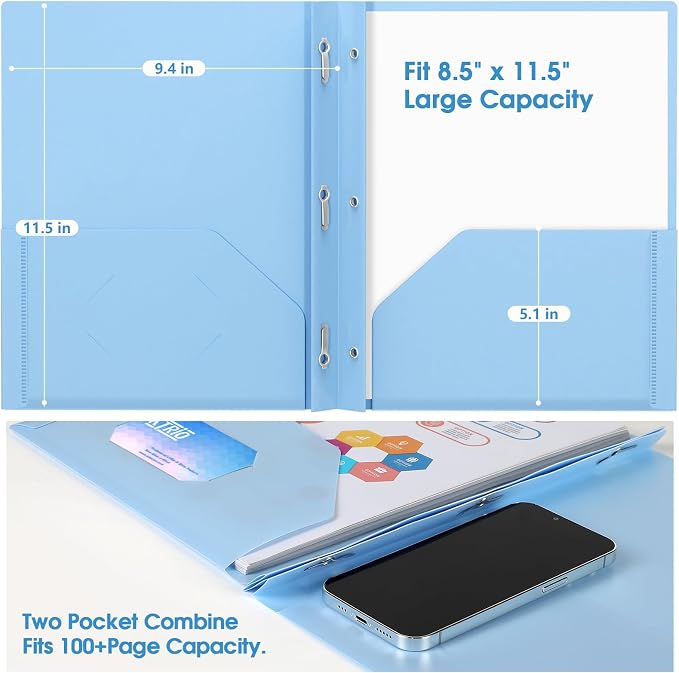 KTRIO 5 Pack Plastic Pocket Folders, 3 Prong, Letter Size, 5 Pastel Colors | 3 Prong Fasteners, 2 Pocket Storage, Business Card Slot, Water-Resistant PP, School Office Use