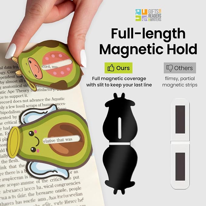 Gifts for Readers & Writers Linemarker Bookmark, 2 Pack Magnetic Bookmarks, Includes Line Finder Slit for Easy Line Tracking, Small & Cute Stationery, Book Page Holder, Reading Accessories, Avocado