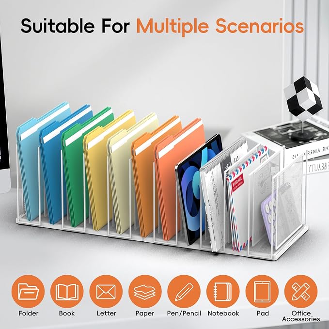 Desk File Organizer, 11 Section Vertical Metal File Organizer for Desk, Desktop File Organizer Stand, Paper Folder Organizer for Office Home Classroom Storage (White, 11 Section)