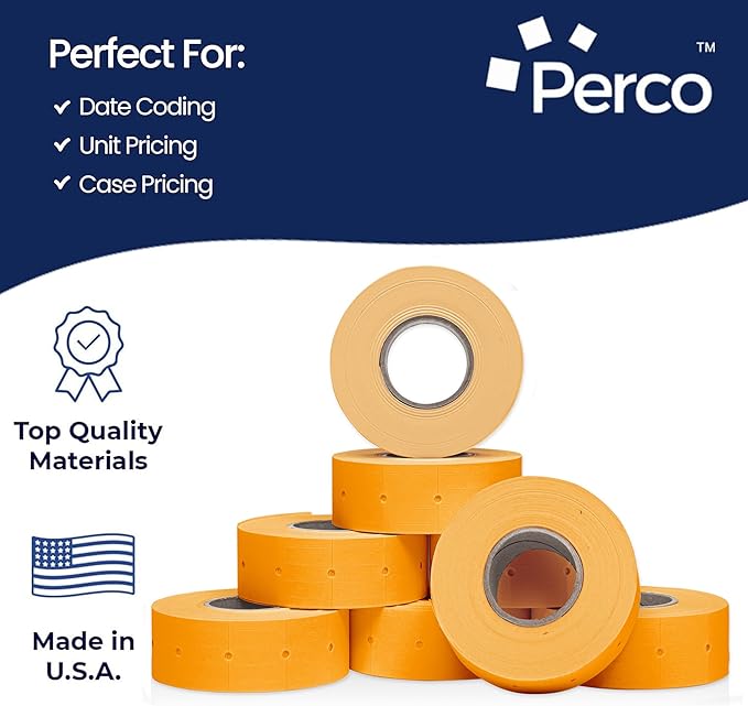 Perco 2 Line Fluorescent Orange Labels - 8 Rolls, 1 Sleeve, 6,000 Blank Price and Date Gun Labels for Perco 2 Line Price and Date Guns - Made in USA