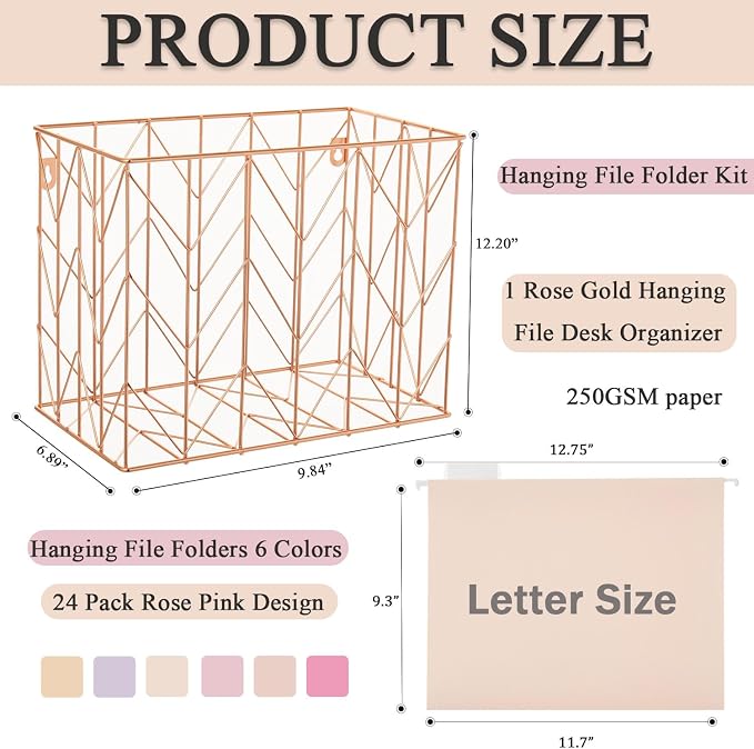 Hanging File Folder Kit Includes 1 Rose Gold Hanging File Desk Organizer and 24 Pack Hanging File Folders Letter Size with 1/5 Cut Tabs Design for School Office Home Supplies, Pink Design