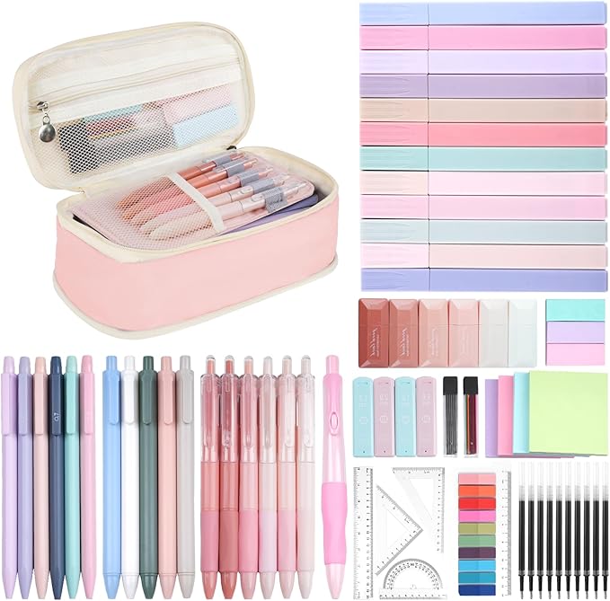 65Pcs Aesthetic School Supplies with Cute Pencil Case, 12 Pastel Highlighters, 10 Black Ink Gel Pens, Mechanical Pencils, Sticky Note Ruler Correction Tape for College Essentials Stationary Gift, Pink