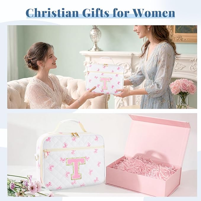 Personalized Initial Bible Cover Case for Women, Large Quilted Bible Bag with Durable Handle, Stylish Church Bag Journaling Kit with Study Supplies Accessories, Christians Gifts for Women (Pink-T)