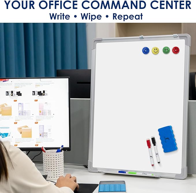 Whiteboard Set - Dry Erase Board 18 x 24 in with 1 Magnetic Dry Eraser, 4 Drywipe Markers and 4 Magnets - Small White Hanging Message Scoreboard for Home and Office (18x24 in)