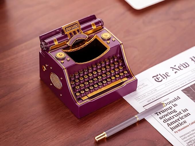Retro Typewriter Pen Holder Decorative Resin Vintage Pencil Holders Desk Organizer for Writer's Desk (Purple)