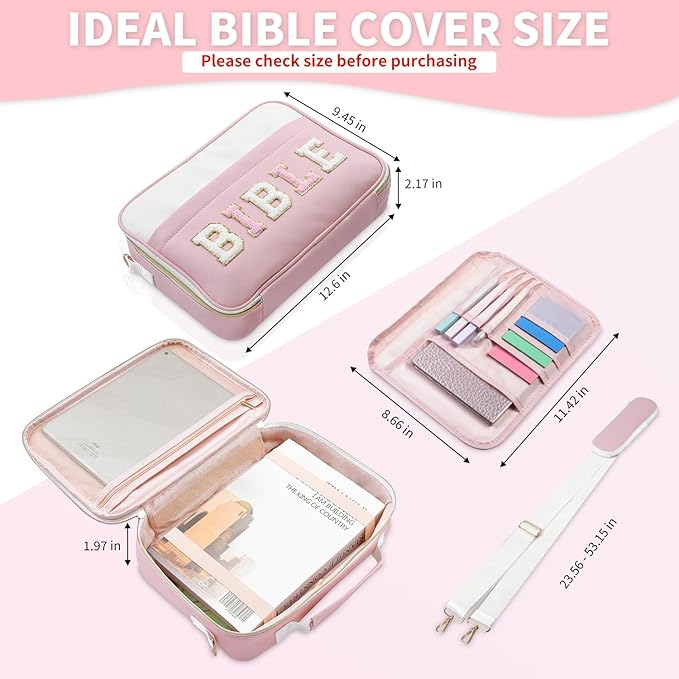 KOPKOFT Bible Cover Case for Women, Large Chenille Letter Leather Bible Case with Bible Study Accessories, Bible Study Supplies Bible Journaling Kit, Christmas Christian Gift for Women Girls (Pink)