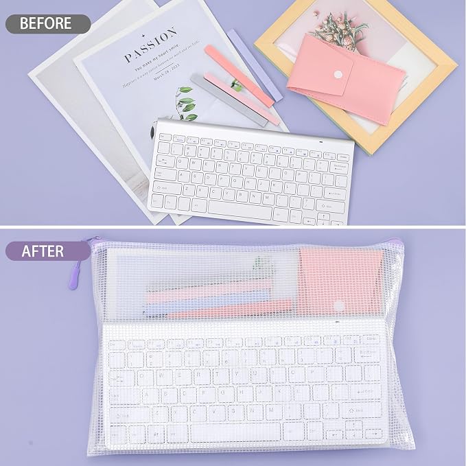 Feifeiya 24 Pack Purple Mesh Zipper Pouch Bags, A4 Size Clear Mesh Zipper Storage Bags Bulk for School Office Organization