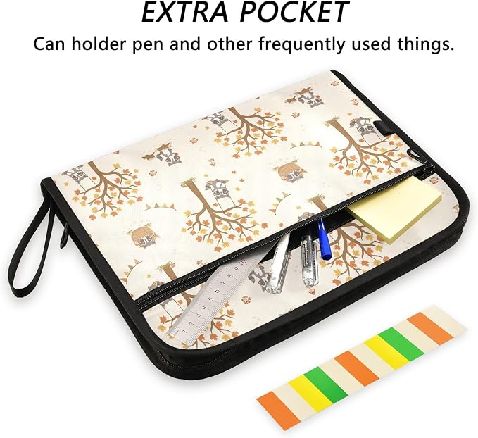 Cute Racoon Woodland Cartoon File Folders,Plastic Folders with 13 Pockets,Expandable File Folder for Documents School Students Office,Aesthetic Folder with Labels A4 Letter Size