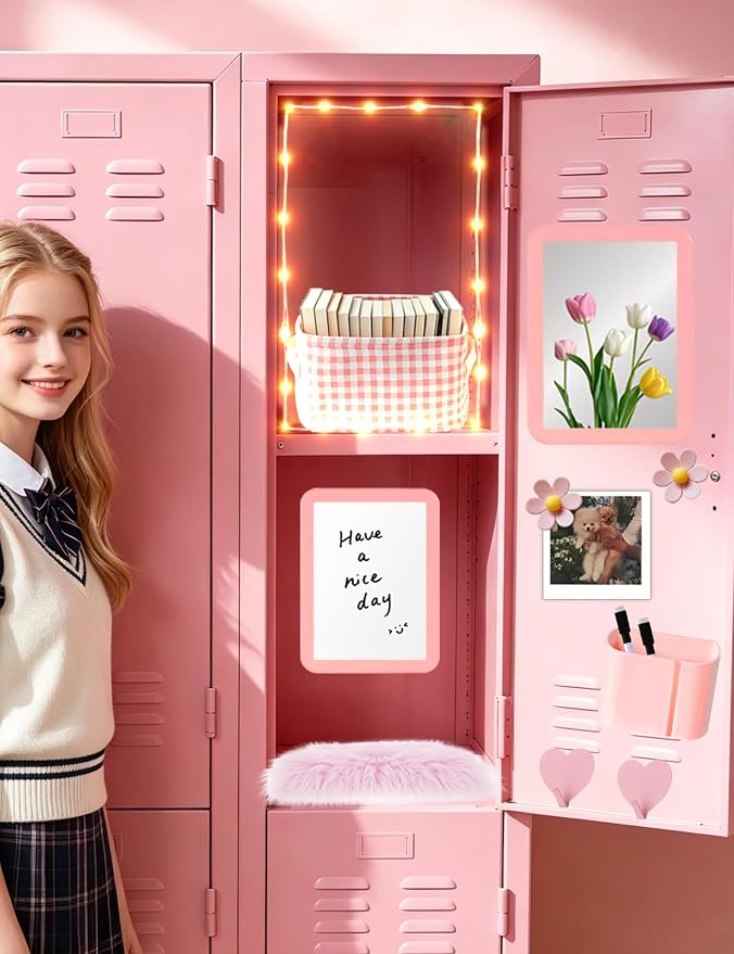 12 Pcs Pink Locker Accessories Kit Locker Organizer for Girls, Magnetic Whiteboard Magnet Mirror Rug Pen Holder Basket Hook String Light, Back to School Locker Kit for School Locker Decor Office