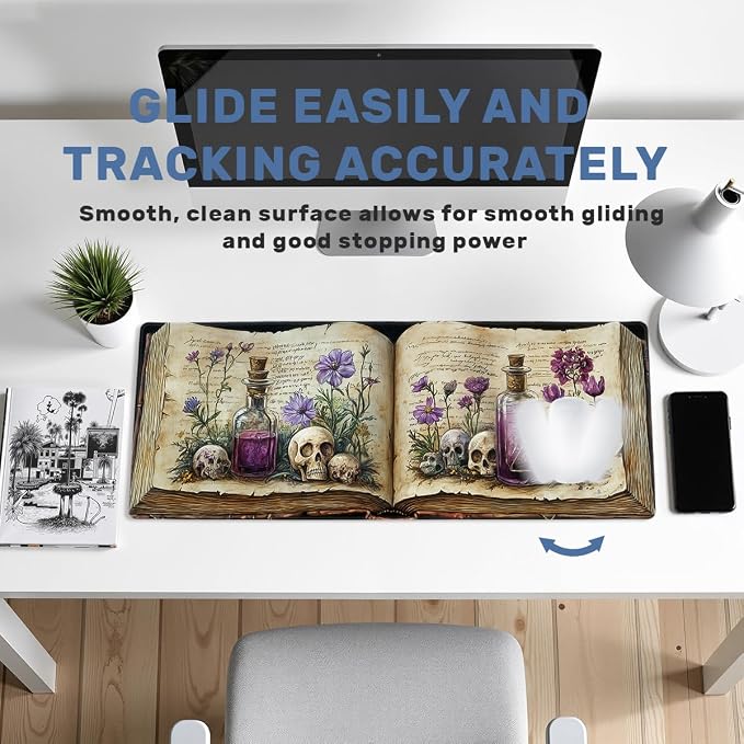 Bookshelf Desk Mat Gaming Mouse Pad Mystic Plants Dark Grimoire Magic Skull Mousepad for Keyboard and Mouse Extra Large Full Desk Computer Pads 31.5 x 11.8 Mouse Pads for Desk Home Office Gaming