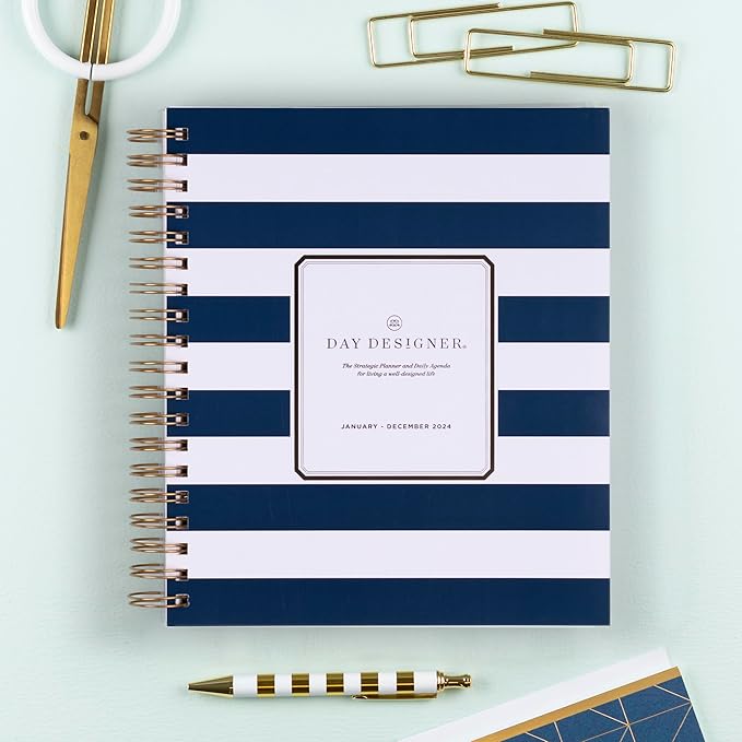Blue Sky Day Designer 2024 Daily and Monthly Planner, 8" x 10", Frosted Cover, Wirebound, Navy Stripe (142098-24)