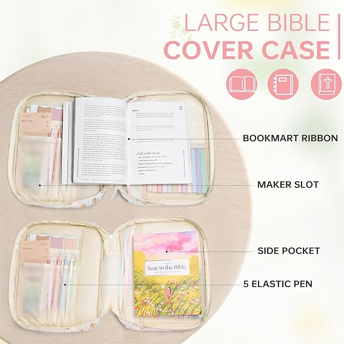 Bible Cover Case for Women Large Bible Cover with Durable Handle Quilted Bible Carrying Case for Girls Bible Study Supplies Accessories (Strawberry Garden, Strawberry Garden)