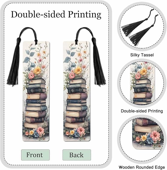 Old Books Pattern Bookmarks Set 5 with Tassels Watercolor Pink Flower Wooden Bookmarks for Reading Women Men Students Teachers School Supplies