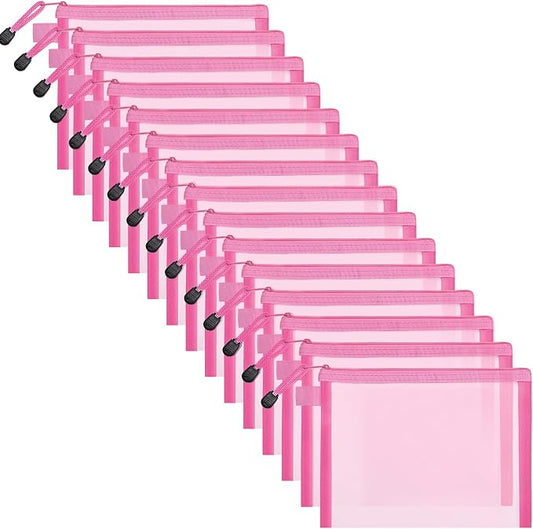 15 Pcs Mesh Zipper Pouch Bags,Pink Makeup Bags,Zipper Nylon Mesh Pouch,Nylon Mesh Cosmetic Bags,Portable Makeup Pouches Organizing for Travel and Office Supplies(Pink, A5)