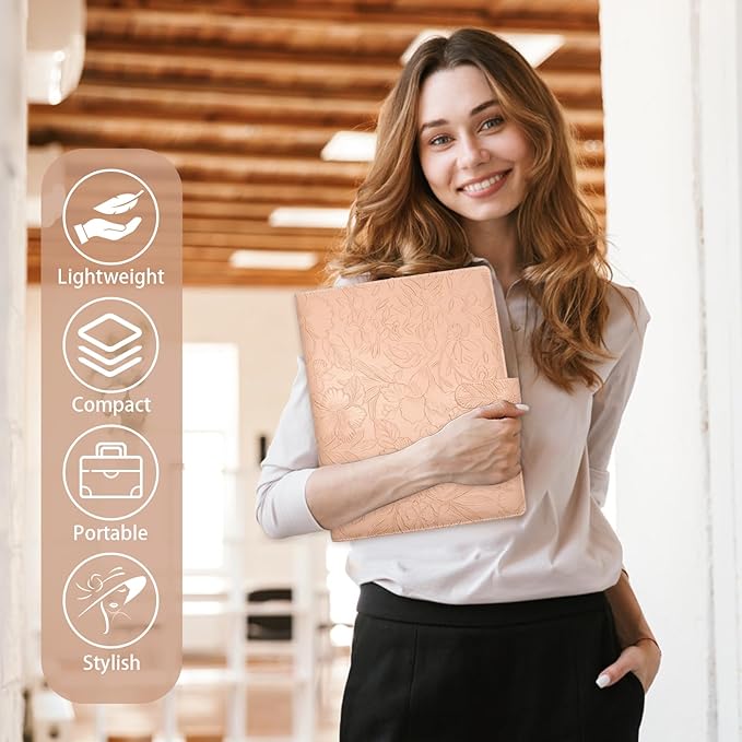 Professional Padfolio Portfolio Binder, Textured Embossing Faux Leather Folder Organizer for Letter Size Legal Pad Notepad Resume, Card Holder for Women Men Business Office Conference (Beige)