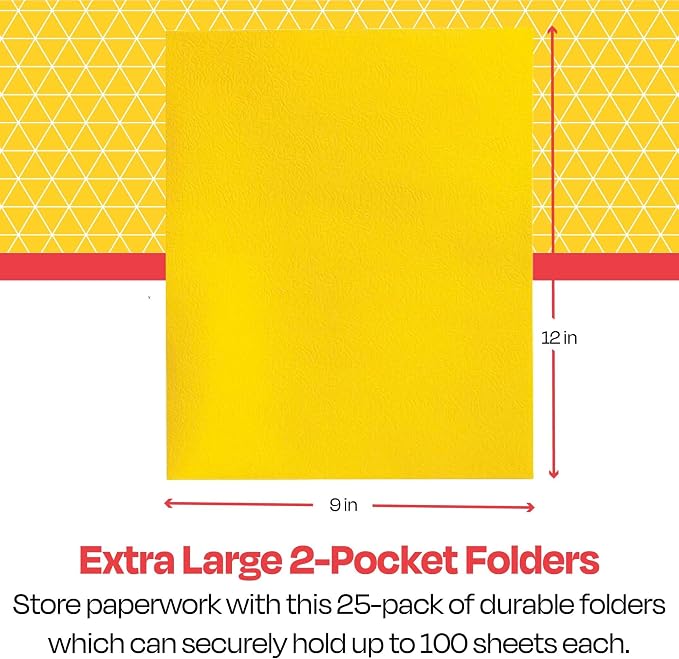 School Smart Extra-Large Folders with Pockets, 9 x 12 Inches, Yellow, Pack of 25