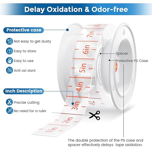 VUBOJO Double Sided Tape Heavy Duty - Dustproof & Easy-Peel Liner- Nano Double Sided Adhesive Tape - Clear Mounting Tape Picture Hanging Adhesive Strips (16.5FT)