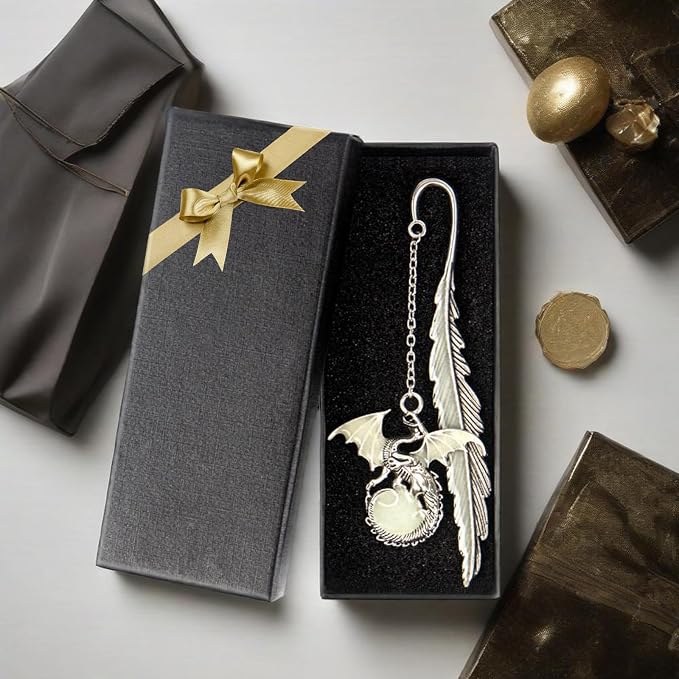 Vintage Feather Dragon Metal Bookmark, Glow in The Dark Dragon Gift, Fantasy Bookmark Gifts, Cool for Women Men, Reading Lovers (Antique Silver Dragon)