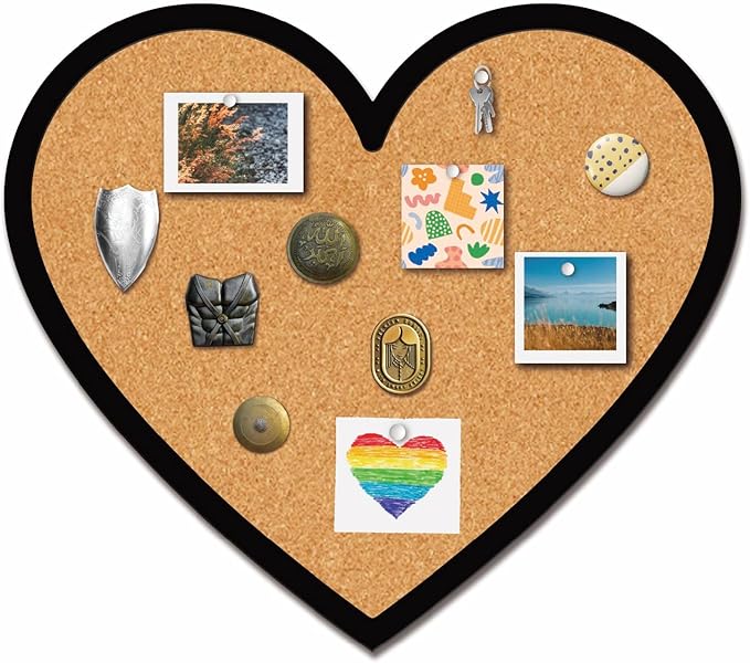 CRASPIRE Heart Pin Cork Board Cute Framed Bulletin Display 10.6x9.4In Badge Wooden Decorative Corkboard Small Wall Mounted Memory Memo Brooch Lapel Pin Storage for Home Office School Classroom Wedding