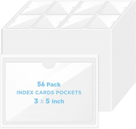 56 Pack Clear Self-Adhesive Pockets, 3" x 5" Index Card Pockets with Top Open Loading, PVC Label Holders for Organizing Storage Bins, Library Card, Drawer, and Protecting Your Cards