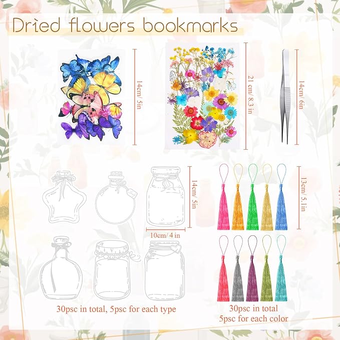 TaoBary 152 Pcs DIY Transparent Dried Flower Bookmark Set Handmade DIY Bookmarks with Dried Pressed Flowers Leaves Butterfly Stickers Colorful Tassels and Tweezers for Reader Writer(Rainbow Color)