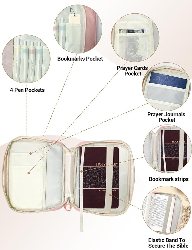 Bible Cover Case for Women, Church Study Book Bible Bag, Bible Carrying Case with Pockets for Bible Accessories, Bible Book Cover with Zipper Christian Gifts fits Bible Size Up to 9.5"x8"x2" Pink