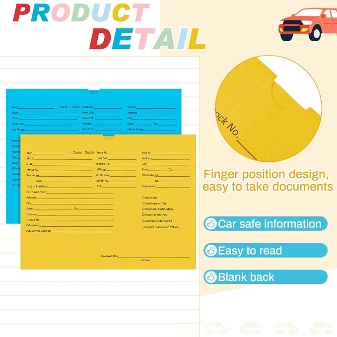 Watersay 120 Pcs 9 x 12 In Vehicle Dealer Jackets for Car Sales 32lb Colored Printed Deal Envelopes Dealership Supplies File Jackets Automotive Folders for Car Dealerships (Classic,Colorful)