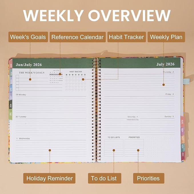 Planner 2026-2027 Weekly and Monthly 18 Month Daily Calendar Planners July 2026-Dec 2027 8.5 x 11 Yearly Hardcover Large Agenda with Stickers& Tabs for Women- Sunflower