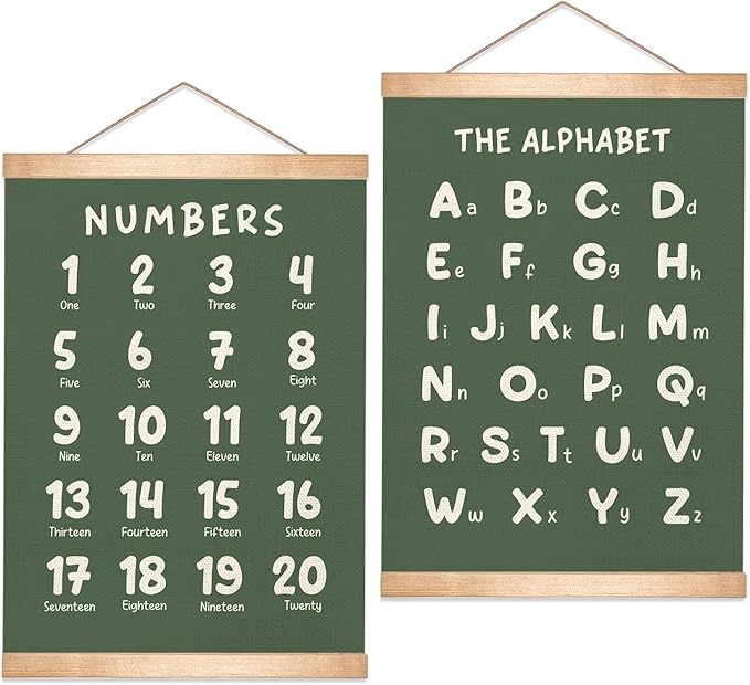 Educational Wall Art Set of 2, Numbers 1-20 and Alphabet Chart, Learning Posters for Toddler ,ABC Banner Poster, Banner Wall Hanging Decor for Toddler Room Playroom Nursery Wall Classroom Decor (Green)