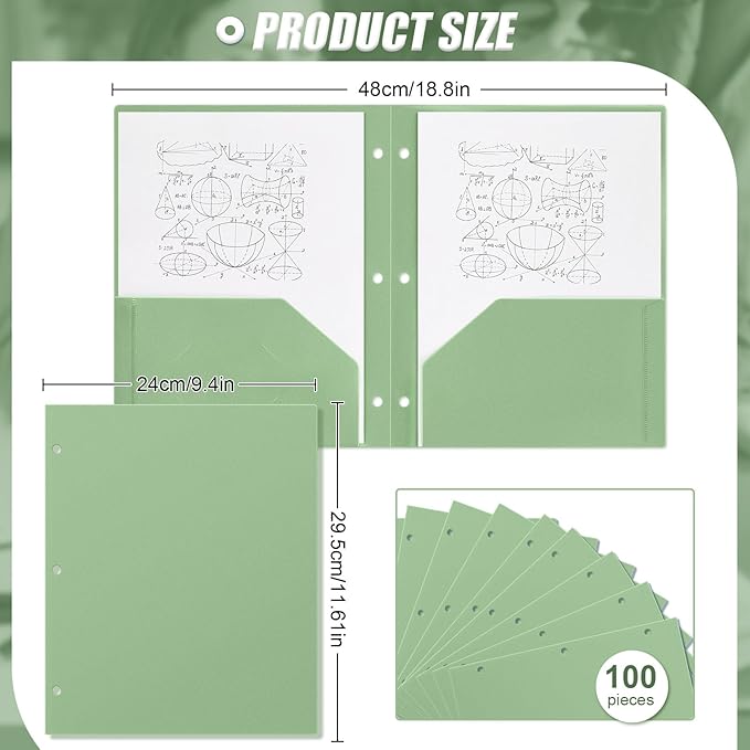 Yeaqee 100 Pcs Plastic Folders with Pockets Bulk 3 Hole Punched 2 Pocket File Folders for 3 Ring Binder Divider Folder for Notebooks, Durable Poly for Office Home (Sage Green)