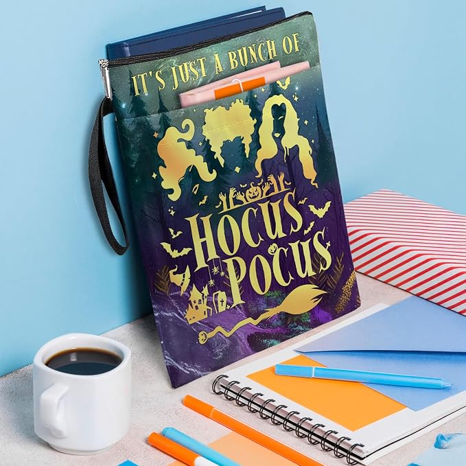 Hocus Pocus Book Cover, Waterproof Book Sleeve with Zippered Front Pocket Retro Flowers Book Pouch for Book Lovers, Christmas, Birthday, Graduation Gifts (Purple&Green, Large)