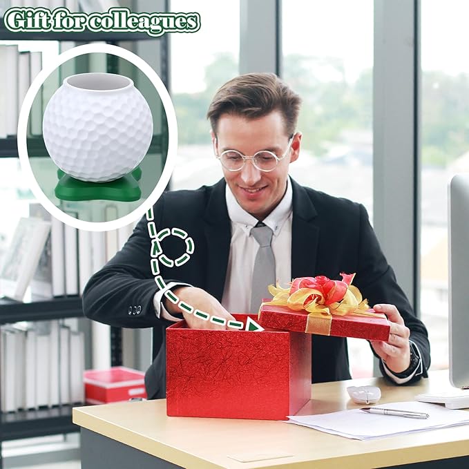 Tenceur Golf Ball Pen Holder for Desk Golf Gifts for Men Dad Father Husband Funny Mini Resin Desktop Accessories with Green Base for Golfer Lover